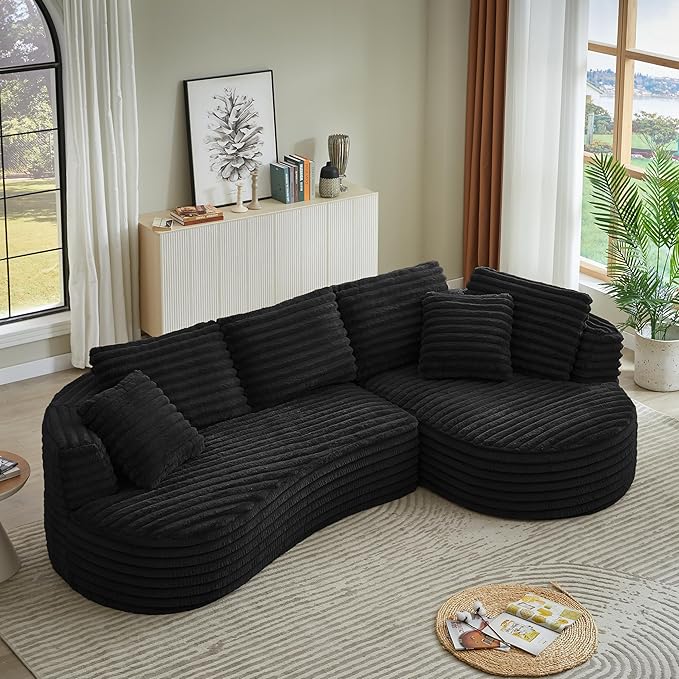 Modern Boneless Curved Sectional Sofa Oversized Minimalist L-Shape Corduroy Sponge Sofa with Round Chaise Comfy Sleeper Couch for Living Room Apartment Reception Spaces 4 Seat Black Right Chaise