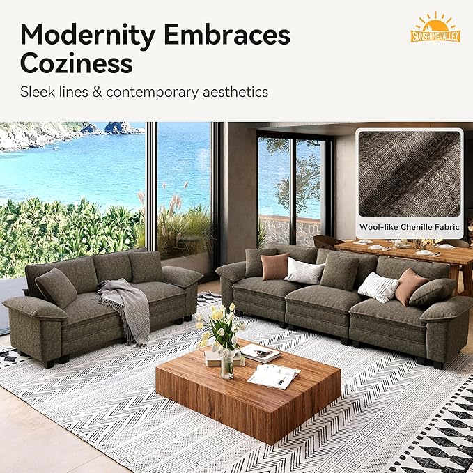 2 Piece Living Room Sofa Furniture Set Oversized Chenille Modular Loveseat and 3-Seat Couch with Pillow Modern 5-Seat Cloud Sectional Deep Seat for Apartment Smoky Grey