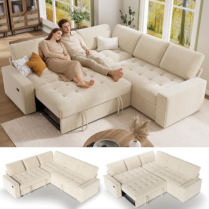 Vipbear Pull Out Sofa Bed Sectional Sleeper Sofa with Reclining Backrest &amp Storage Plush Pullout Modular Sectional Couches with USB Charging L Shaped Convertible Couch Bed for Apartment Beige |