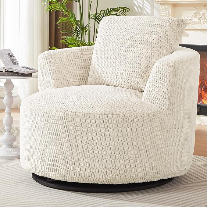 39.4'' Accent Chair for Living Room Chairs 360° Swivel Accent Chairs Upholstered Comfy Reading Chair for Bedroom Rotating Barrel Armchair with Metal Base for Apartment Office (1 Cream)