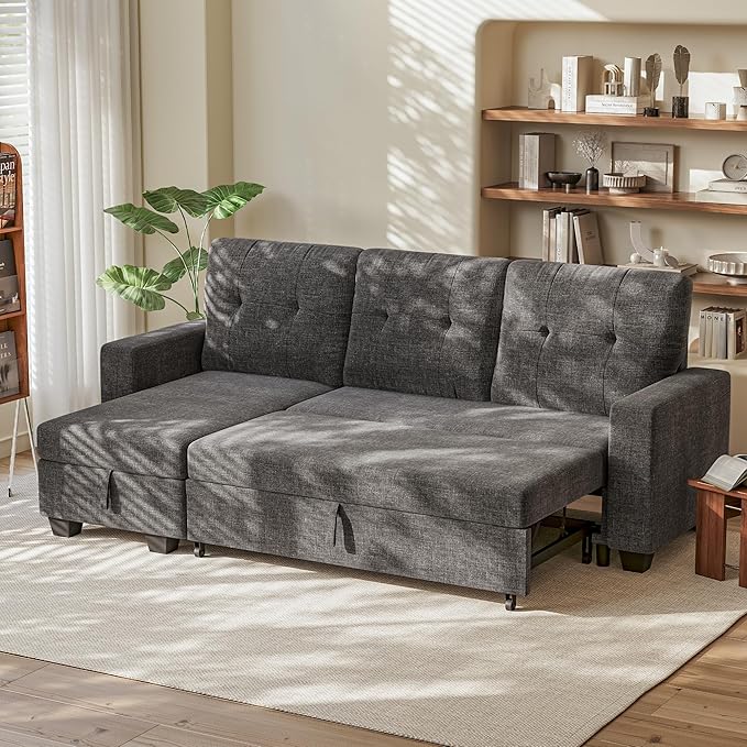 Homall Sleeper Sofa Bed Couch with Pullout Bed and Reversible Storage Chaise L Shaped Sofas for Apartment Small Space (Linen Fabric Dark Grey)