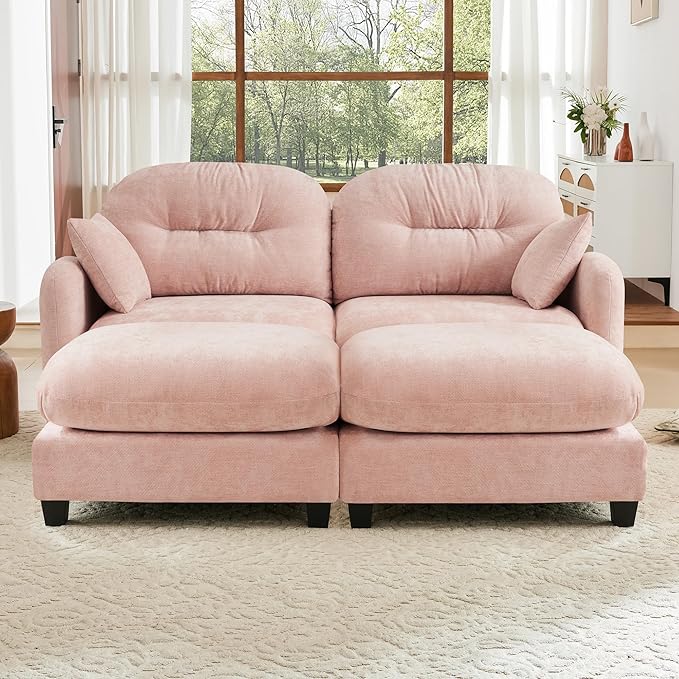 74 Modular Sectional Sofa Comfy Cloud Couch with 2 Ottoman Chenille Sofa Sleeper Deep Seat Sofas with Throw Pillows for Apartment-Pink