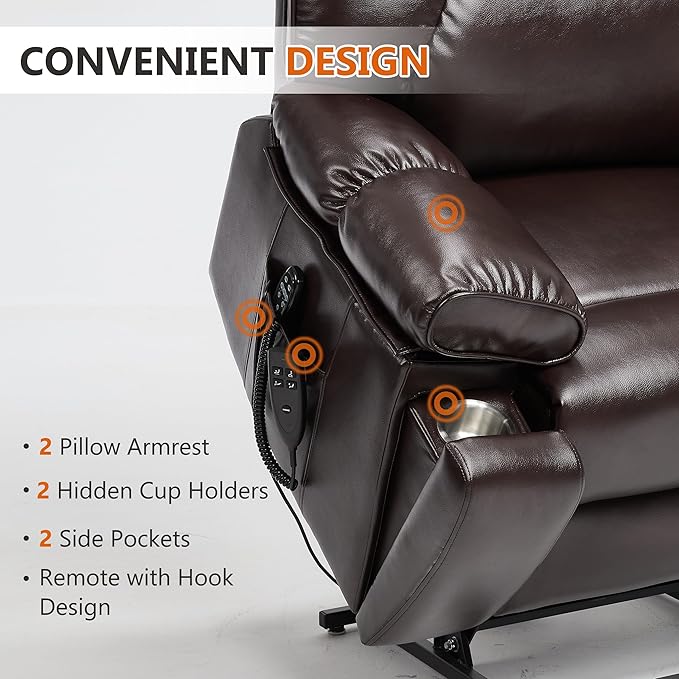 Luxlen Oversized Power Lift Recliner Chair for Elderly Dual Motor Lift Chair with Vibration Massage &amp Lumbar Heating Standing Assistance Recliner with Cup Holders - Faux Leather Reddish Brown