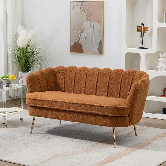 59 Wide Modern Boucle Loveseat Small Sofa Small Mini Room Couch 2-Seater Sofa with Gold Metal Legs for Space Office Studio Apartment Bedroom (Caramel)