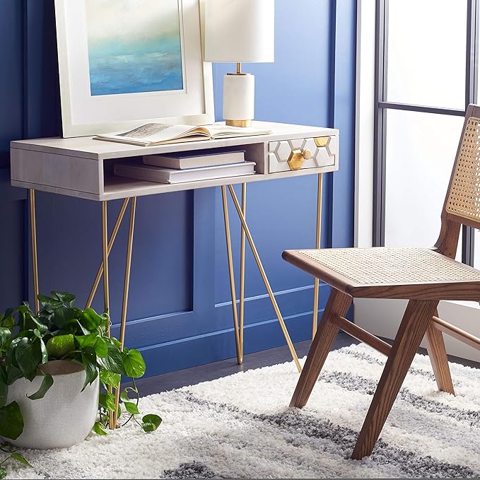 SAFAVIEH Home Office Collection Raveena White Wash and Brass 1-Drawer Hairpin Leg Desk