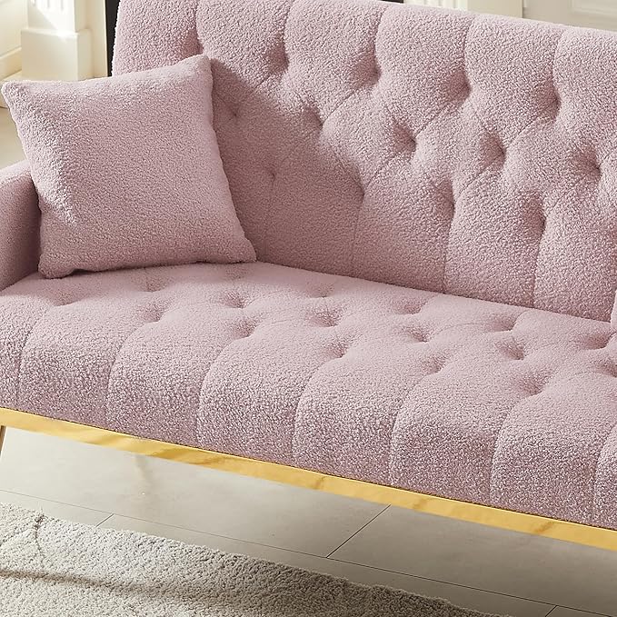Small Loveseat Sofa Modern 2 Seater Teddy Fabric Small Sofa Couch with Gold Metal Legs and 2 Pillows for Living Room (Pink Teddy Fabric)