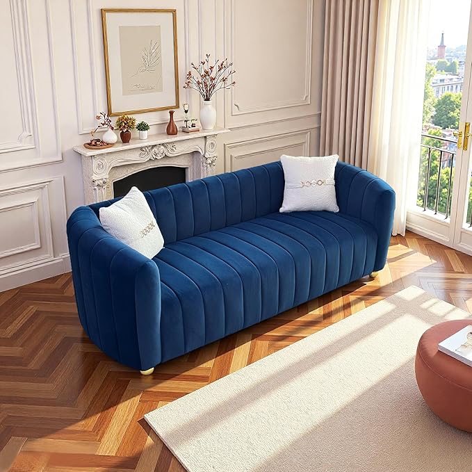 Modern Velvet Loveseat Sofa Couch for Living Room 84 Comfy Upholstered 3 Seater Sofa Couch with Gold Metal Legs &amp 2 Pillows Luxury Sectional Sofa for Bedroom Office Apartment Blue