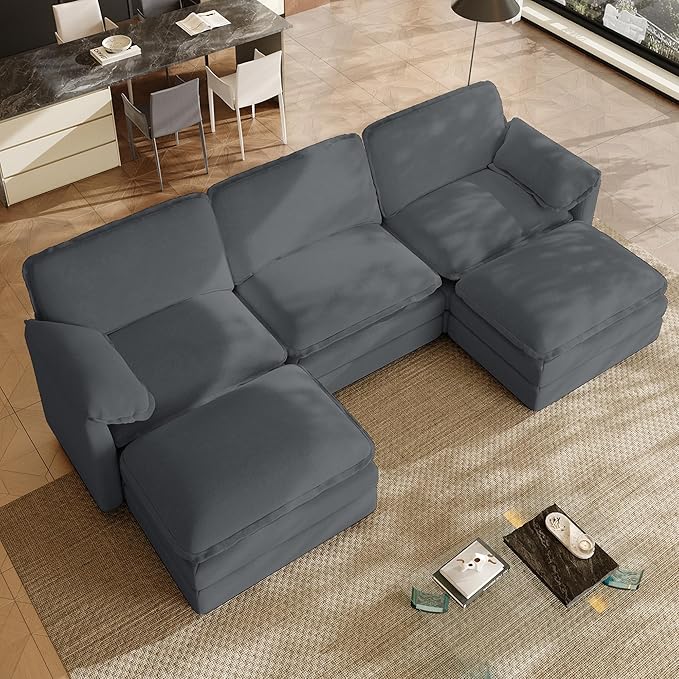 113.7 U Shaped Cloud Couch Sectional for Living Room Modern Modular Deep Seat Sofa with Movable Ottoman Comfy Fluffy Chenille Sectional Sofa Set Grey