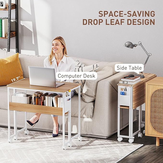 HOMCOM Small Folding Desk Rolling Computer Desk Foldable with Storage Bag and Shelf 31.5 Portable Writing Table on Wheels for Small Spaces Home Office Study Easy Assembly Natural Wood