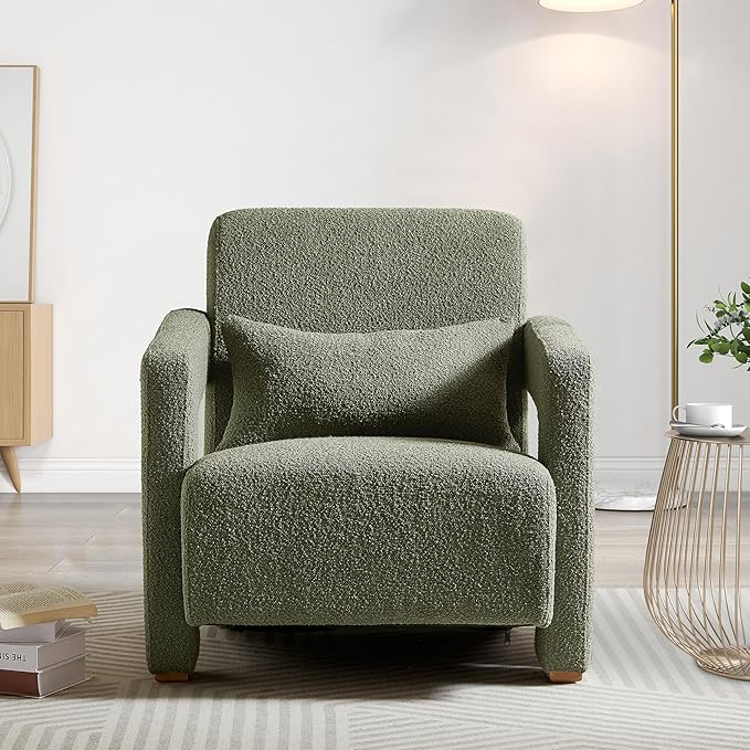Modern Accent Chair with Sleek Right-Angle Armrests Armchair Single Sofa with Square Wooden Block Legs Ergonomic Lumbar Support Inclined Seat for Living Room (Green317)