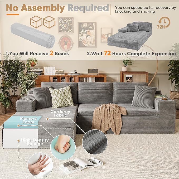 Homall 109 Boneless Couch with Memory Foam Modular Sectional Sofa with L-Shape Chaise Cloud Couch with Deep Seat Dual Cup Holders &amp Side Pockets No Assembly Required (Gray)