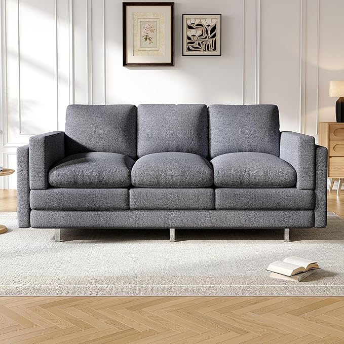 Christopher Knight Home Vincenzo 79.5 Sectional Sofa 3 Seater Couch Chenille Upholstered Sofa Chair Metal Legs Couch Dual-Layer Cushions Armchair Comfort Seating for Reading Living Room Gray