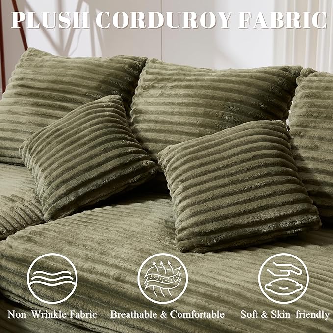99 Cloud Modular Sectional CouchL-Shape Sofa Couch with Deep SeatModern Boneless Compressed Sofa with Chaise3 Seater Corduroy Couches for Living Room Bedroom No Assembly Required (Green)