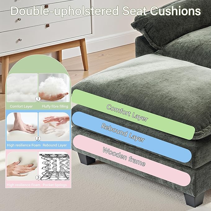 Winterstorm Chenille Oversized Chair with Ottoman - 44 W Large Comfy Accent Chair and Ottoman Set Modern Single Cloud Chaise Lounge for Indoor Living Room (Green)