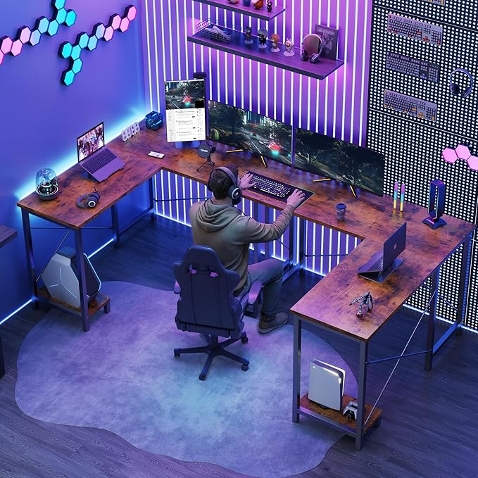 DUMOS L Shaped Desk Computer Gaming Desks Corner Office Table with CPU Shelf for Home Study Writing Work Station 50 Inch Rustic Brwon