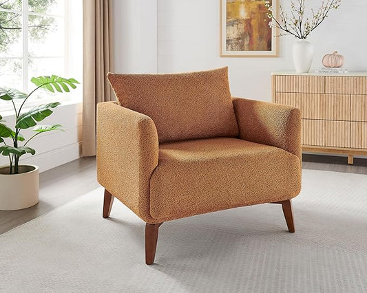 Oversized Accent Chair 37 Wide Boucle Armchair with Solid Wood Legs Upholstered Lounge Chair for Bedroom Office Modern Accent Chair for Living Room Cozy Reading Chair Easy Assembly Curry