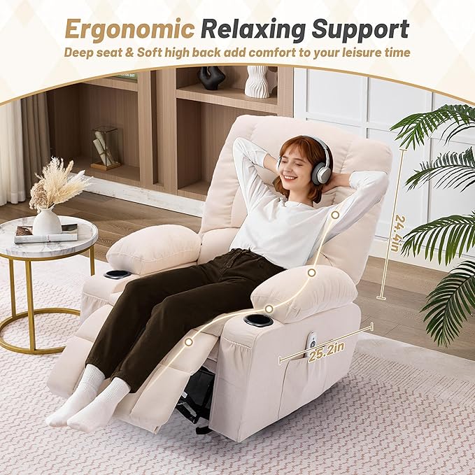 Rocker Recliner Chair with Massage and Heat Nursery Rocking Chairs for Living Room Ergonomic Comfy Relining Chair with Cup Holders USB Charge Port Side Pockets Recliner Chair for Adults Beige