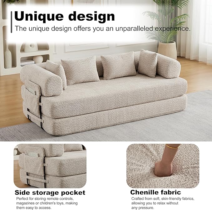 4-in-1 Folding Convertible Floor Sofa Bed 78 Oversized Compression Sofa No Assembly Required King Futon Lazy Couch Corduroy Loveseat Sleeper with Pull Out Bed Modular Futon Couch (Khaki &amp Styl