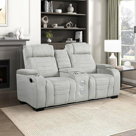 Lexicon Wall Hugger Manual Double Reclining Loveseat with Console Microfiber Home Theater Seating with Cup Holders/Hidden Arm Storage/Wireless Speakers/LED Base Lighting for Living Room Light Gray