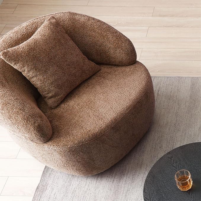 KEVINSPACE Swivel Accent Chair SwivelChairs for Living Room SwivelBarrelChair Round SwivelChair CornerChair Small Modern AccentChair Boucle 360°SwivelChair with PillowChair 35 W Brown