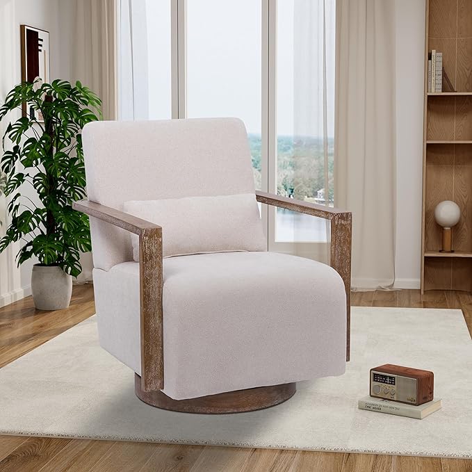 30.5 W Swivel Modern Fabric Upholstered Accent Chair with Solid Wood Armrests Comfy Lounge Reading Chair Side Armchair for Hotel Bedroom Living Room Office Nursery Room (Beige Linen)