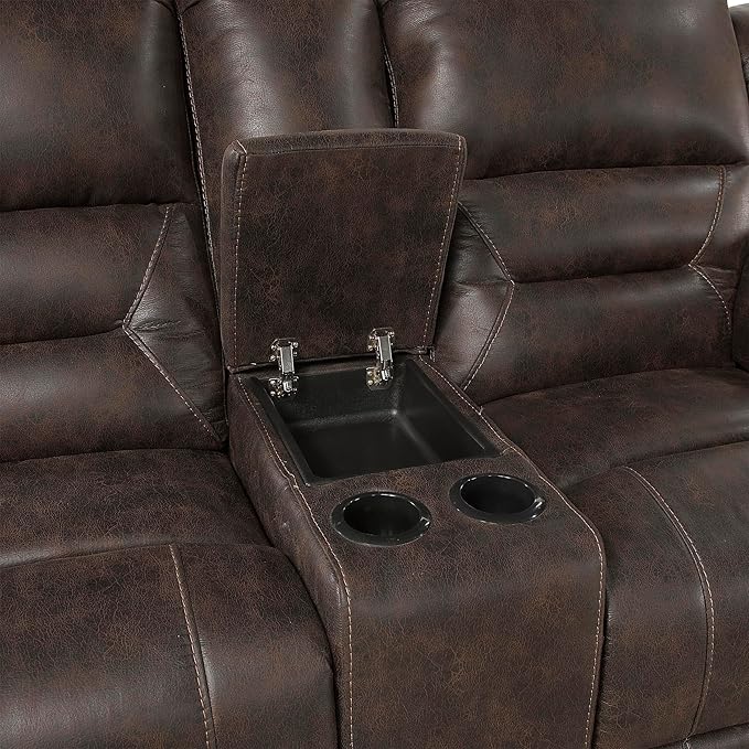 Lexicon Double Recliner Loveseat with Center Console Wall Hugger Manual Reclining Couch Textured Microfiber Upholstered Dual Reclining Love Seat Home Theater Seating Required Assembly Dark Brown