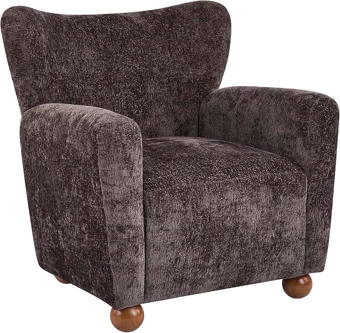 Christopher Knight Home Lindy Wingback Accent Chair Upholstered Armchair with Rounded Wooden Legs Curved Backrest Single Sofa Soft Cushion Seating Comfy Lounge Chair for Living Room Dark Brown