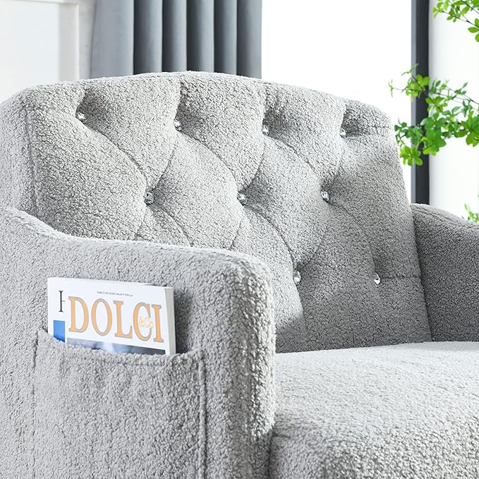 30 W Modern Chesterfield Tufted Upholstered Chair with Deep Buttons Living Room Chair Comfortable Armchair Gold Hardware Legs Tufted Chair for Reading or Relaxing Grey Teddy