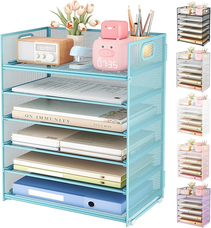 Subekyu 6 Tier Office File Paper Desk Tray Organizer with Handle Stackable Slide Mesh Letter Tray Folder Blue Desk Organizer Desktop Document Sorter for Classroom Office Home Supplies Storage
