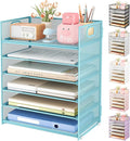 Subekyu 6 Tier Office File Paper Desk Tray Organizer with Handle Stackable Slide Mesh Letter Tray Folder Blue Desk Organizer Desktop Document Sorter for Classroom Office Home Supplies Storage