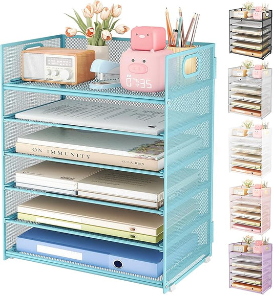 Subekyu 6 Tier Office File Paper Desk Tray Organizer with Handle Stackable Slide Mesh Letter Tray Folder Blue Desk Organizer Desktop Document Sorter for Classroom Office Home Supplies Storage