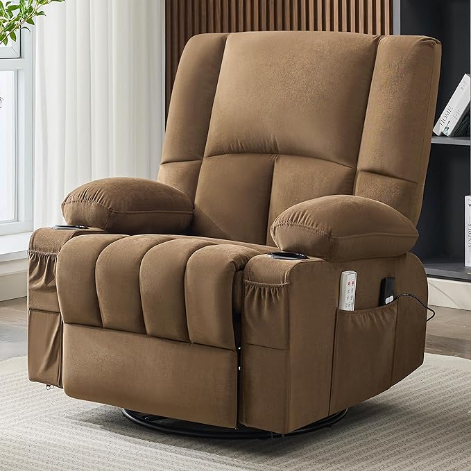 Oversized Recliner Chairs for Adults 270° Swivel Rocker Recliner with Heat and Massage Lazy Boy ReclinerRecliner Chairs Single Sofa Seat with Cup Holders (BrownElectric)