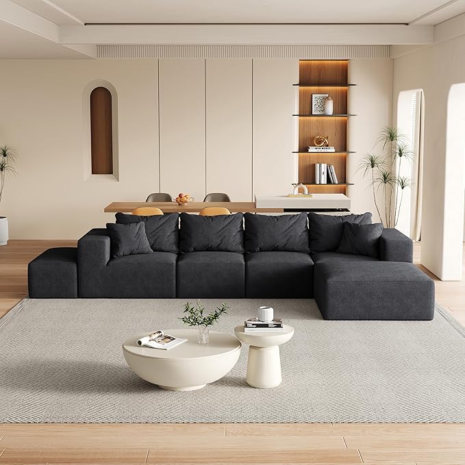 KEIKI 132 Boneless Sofa with Ottoman L Shaped Corner Couch Upholstered Corduroy Free Combination Sectional Couch for Living Room Bedroom Black