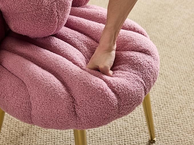 Vingli Shell-Shaped Teddy Fleece Accent Vanity Chair With BackComfy Purple and Gold Desk Chair No WheelsCute Small Pearl Deco PillowGift for Girls/Womenfor MakeupOfficeDiningNailSewingbedroom