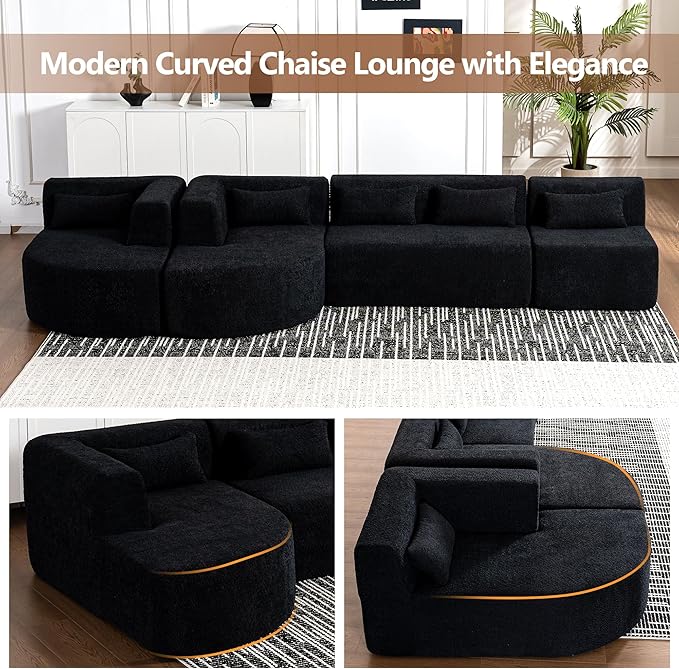 144 Upholstered Sofa Free-Combined Sofa Couch with Two Chaise Lounge and Five Back Pillows for Living Room (Black@50)