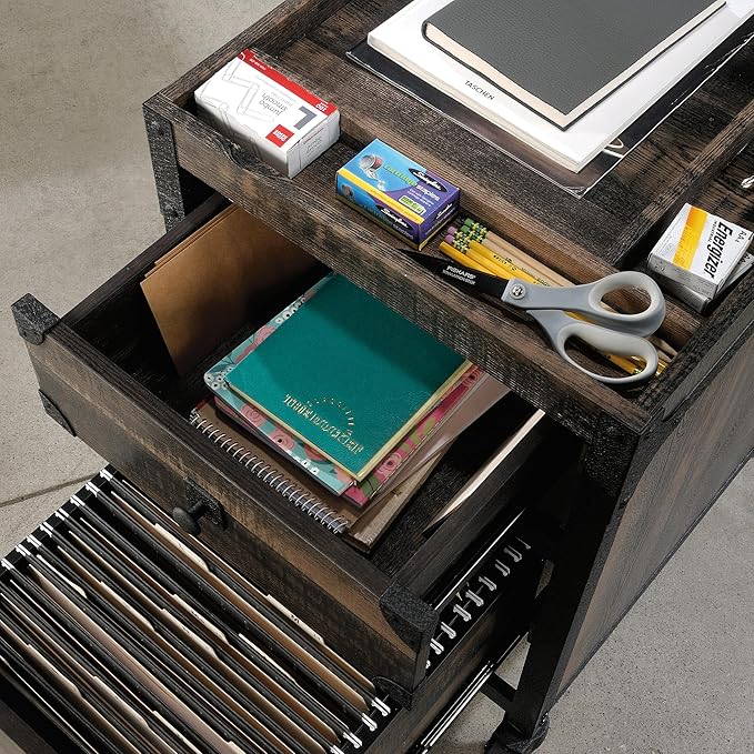 2-Drawer Rolling File Cabinet Mobile Pedestal with Lock Fully Assembled No Setup Industrial Brown Finish &amp Metal Frame Compact for Home Office Small Spaces Legal/Letter Size Storage