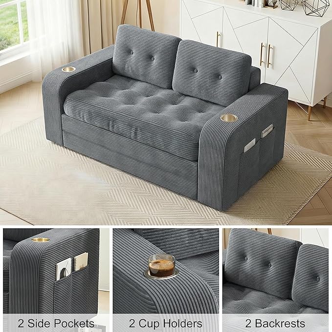 55 Futon Sofa Bed 4‑in‑1 Convertible Sofa Bed Folding Boneless Couches for Living Room Fold Out Small Foldable Loveseat Floor Sleeper Comfy Mattress Lounge Space‑Saving Grey