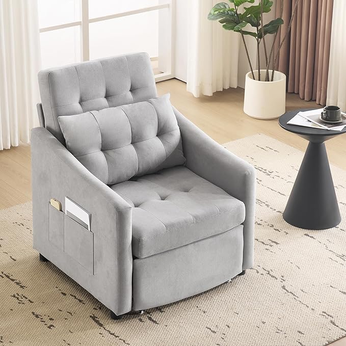 Bezseller Convertible Sofa Bed Chair 3-in-1 Sleeper Chair with Storage Drawer Pull Out Couch with Side Pocket Pillow and Adjustable Backrest for Small Spaces Living Room Light Grey