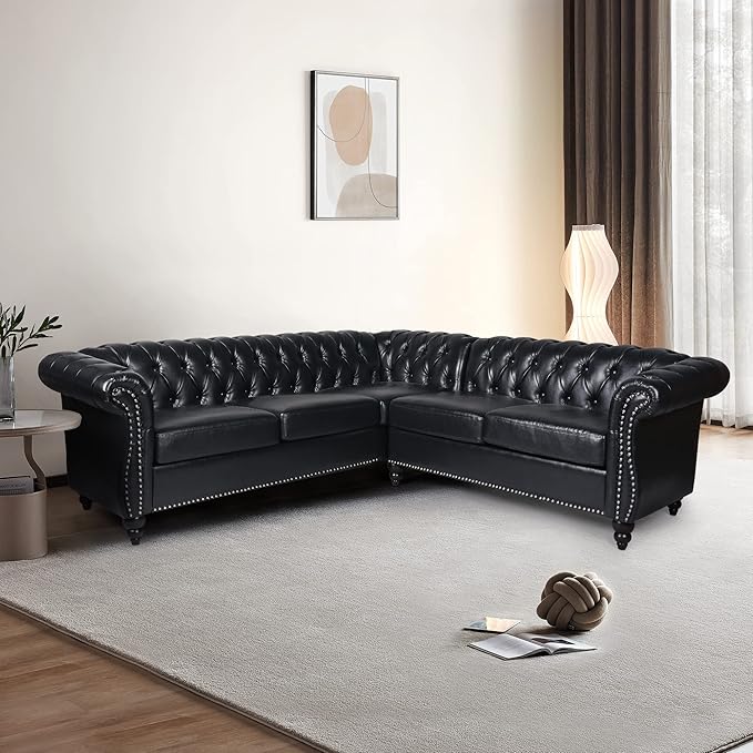 ORRD L Shaped Small Sectional Sofa Chesterfield Leather Couch Tufted Accent Sofa with Scroll Arms and Nailhead for Living Room Office
