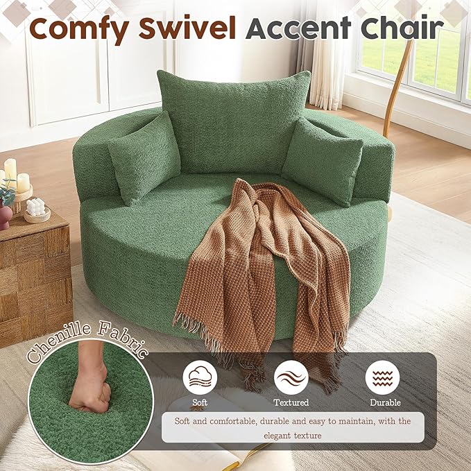 Antetek 360-Degree Swivel Accent Chair Oversized Modern Comfy Chenille Round Swivel Chaise Lounge Sofa Chair with Backrest Cushion &amp 2 Throw Pillows for Living Room Bedroom Office Green