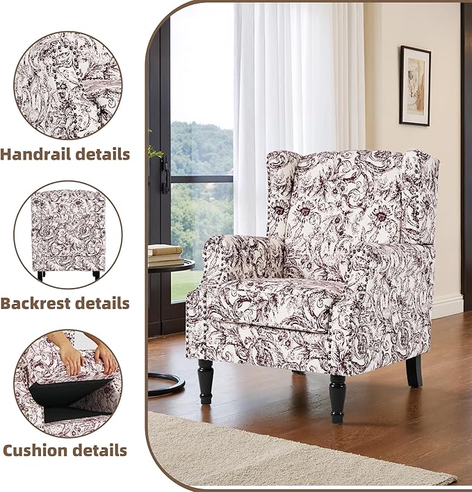 Floral High Back Accent Chair Upholstered Armchair with Solid Wood Legs Comfy Wingback Reading Single Sofa Chair for Small Spaces Living Room Bedroom(Floral Rococo Plum Set of 1)