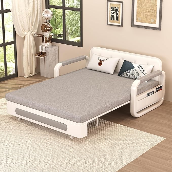 Pull-Out Sofa Daybed with Trundle Convertible Futon Sleeper Couch for Living Room &amp Small Spaces Gray/White (34.6 D x 50.3 W x 34.2 H)