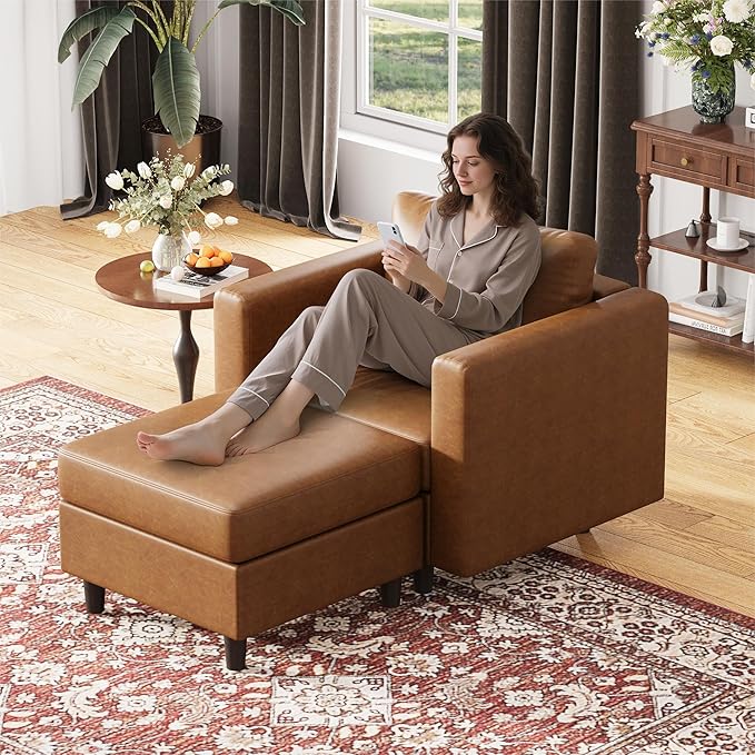 ABCASA Faux Leather Oversized Accent Chair with OttomanUpholstered Armchair with StorageExtra-Deep-Seated Modular Single SofaReading Chair with Footrest for Living Room Lounge Chair Brown