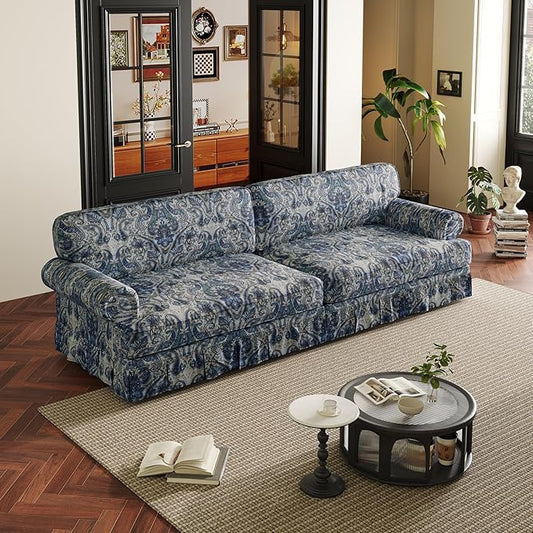 93'' Mid Century Floral Sofa with Skirt Oxford Cloud Sectional Couch 3 Seater Comfy Couches Deep Seat Rolled Arm Paisley Pattern Vintage Loveseat Sofa for Living Room Floral Blue