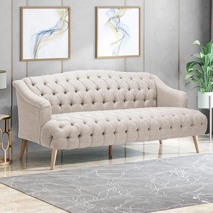 Modern Wingback Tufted Velvet Loveseat 73.25 3 Seat Sofas Settee Bench Banquette Chesterfield Love Seat with High Back Thick Padded Cushioned Upholstered Couch for Living Room Victorian Beige