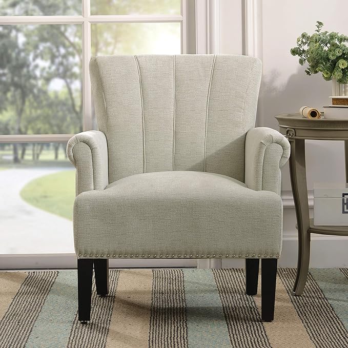 Mid-Century Modern Accent Chair Accent Rivet Tufted Polyester Armchair Upholstered Chairs Single Sofa Chairs Armchair Club Chair with Rivet Tufted Scroll Arm for Living Room (Cream * 9)
