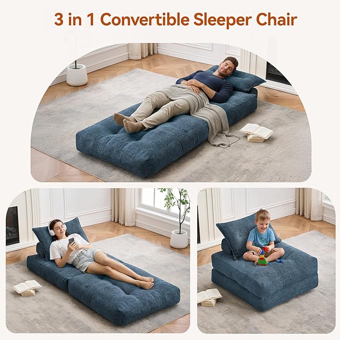 Folding Sofa Bed Fold Out Chair Bed with Pillow Convertible Sleeper Chair for Living Room/Small Spaces Foldable Lazy Sofa Bed Floor Chair Comfy Teddy Velvet Couch Bed Light Blue