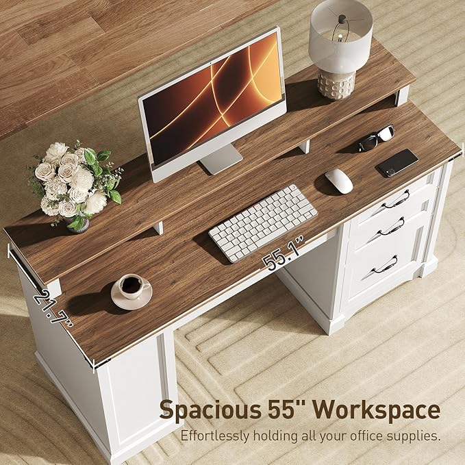 55'' Farmhouse Executive Desk with Drawers Computer Desk with File Cabinet and Side Bookshelf Writing Gaming Desk with Monitor Stand &amp Charging Station White and Walnut