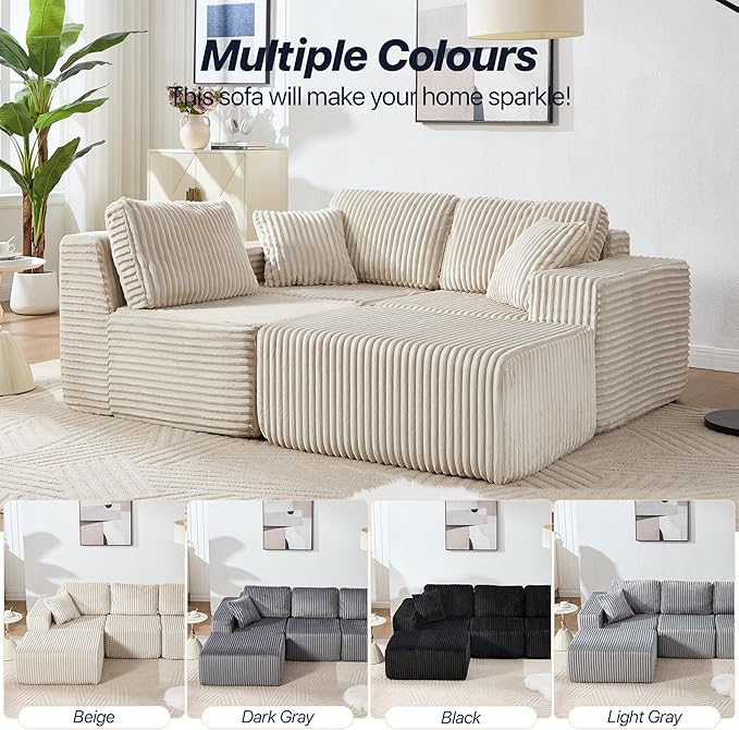 101.5'' Modular Sectional Sofa Cloud Sectional Couch with Deep Seat Comfy Fluffy L Shaped Couches Memory Foam Sofa with 1 Ottoman Corduroy Boneless Couch No Assembly Required Beige