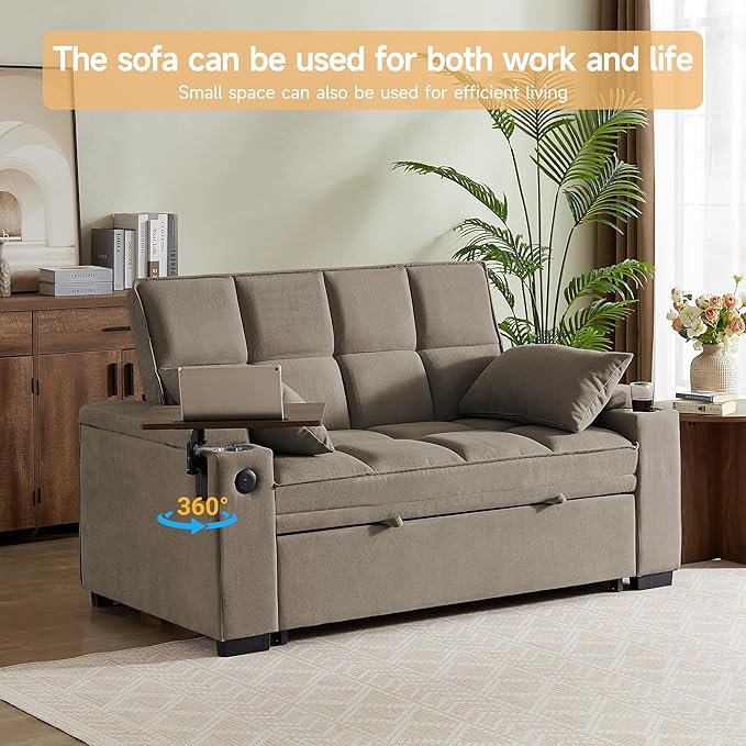 66 Multi-Functional Pull-Out Sofa Bed with Hidden Side Table Storage Armrests Built-in Charging Port Spring Mattress Solid Wood Frame – Ideal for Small Spaces Easy Assembly
